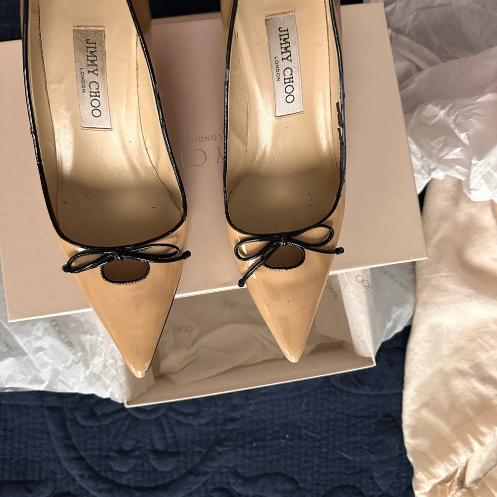Jimmy Choo Beige Patent Pointed-Toe Pumps with Black Trim and Bow